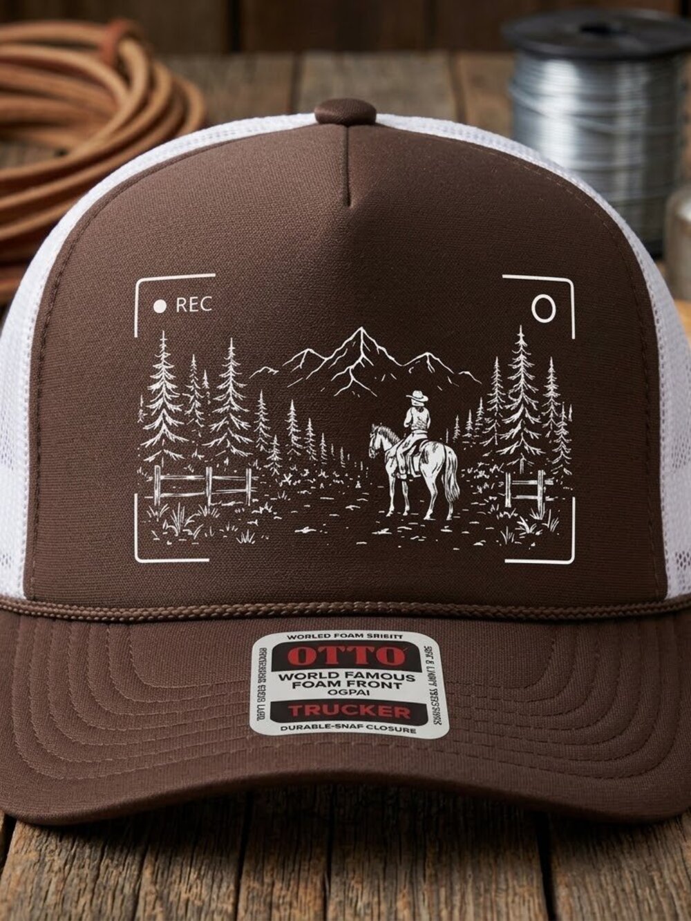 Western Cowboy Mountain Trail Hat Brown White OTTO Foam Rope Snapback Cap Retro